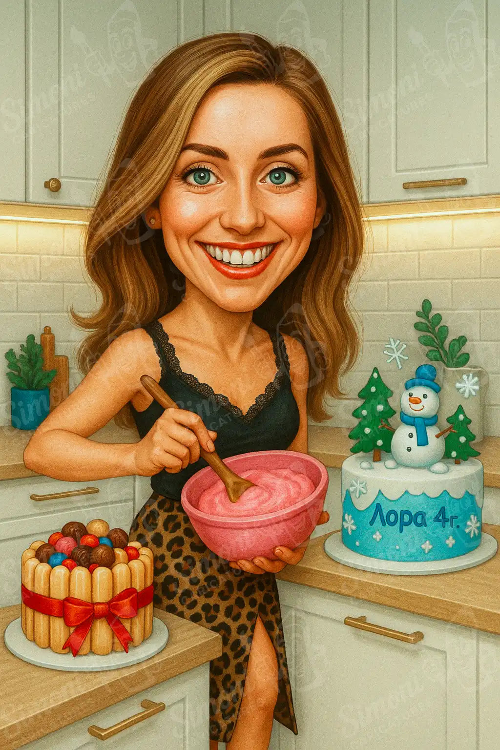 Карикатура на усмихната жена, приготвяща торти в кухня, персонализиран портрет и тематична сцена от Simoni Caricatures.